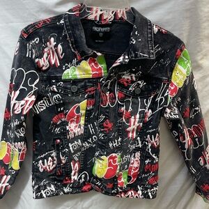 Encrypted Kids' Black Graffiti Denim Jacket with Red & Lime Accents sz 14-16